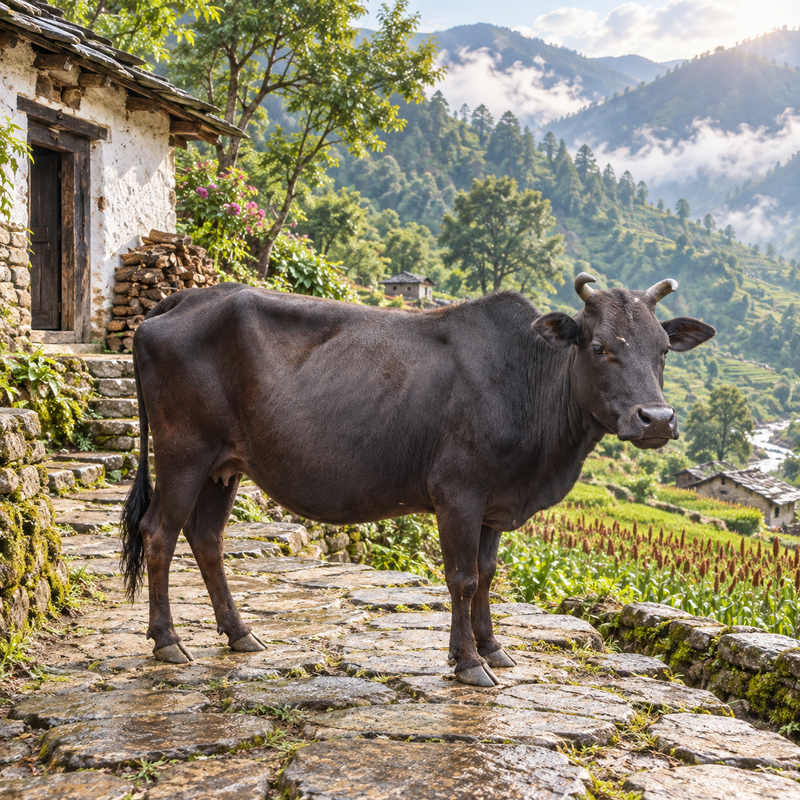 Badri Cow standing in the native mountain range in Uttarakhand.