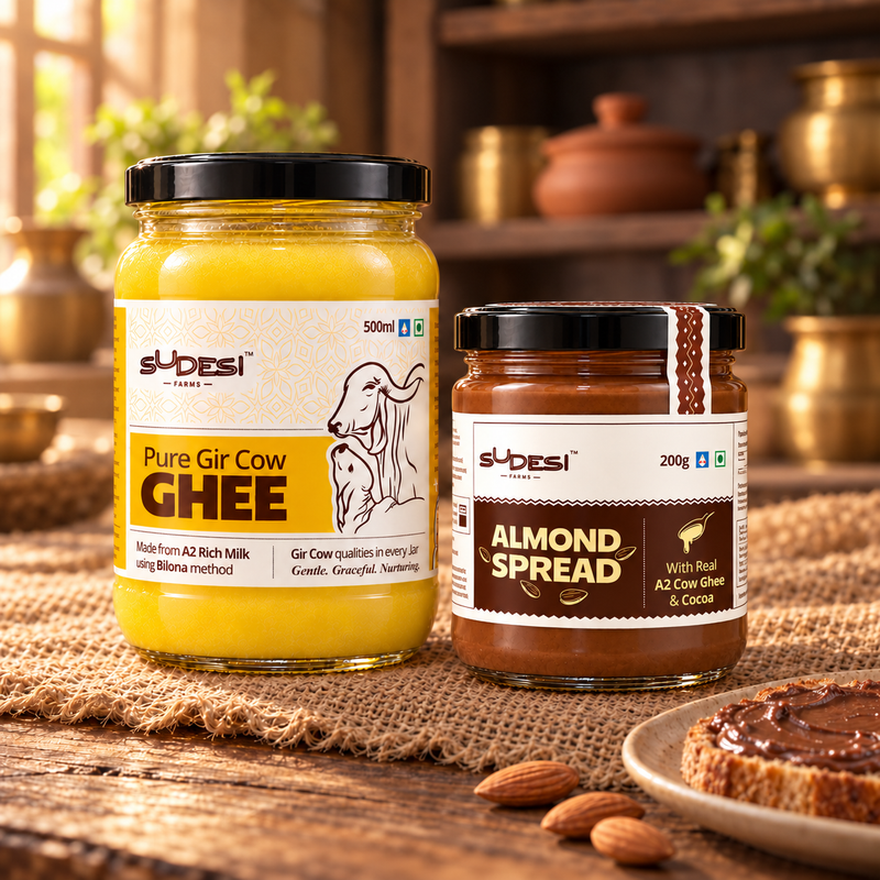 Two jars of Sudesi dairy products on a rustic wooden table: a 500ml jar of Pure Gir Cow Ghee on the left and a 200g jar of Almond Spread on the right. The scene is styled with burlap, almonds, and a slice of toast with spread, set against a warm, blurred background of a kitchen or studio set.