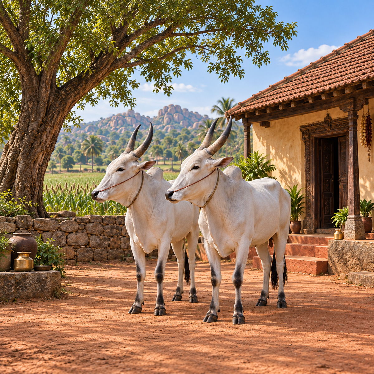 Majestic Hallikar cow pair standing in the front yard of a typical village house in Karnataka.