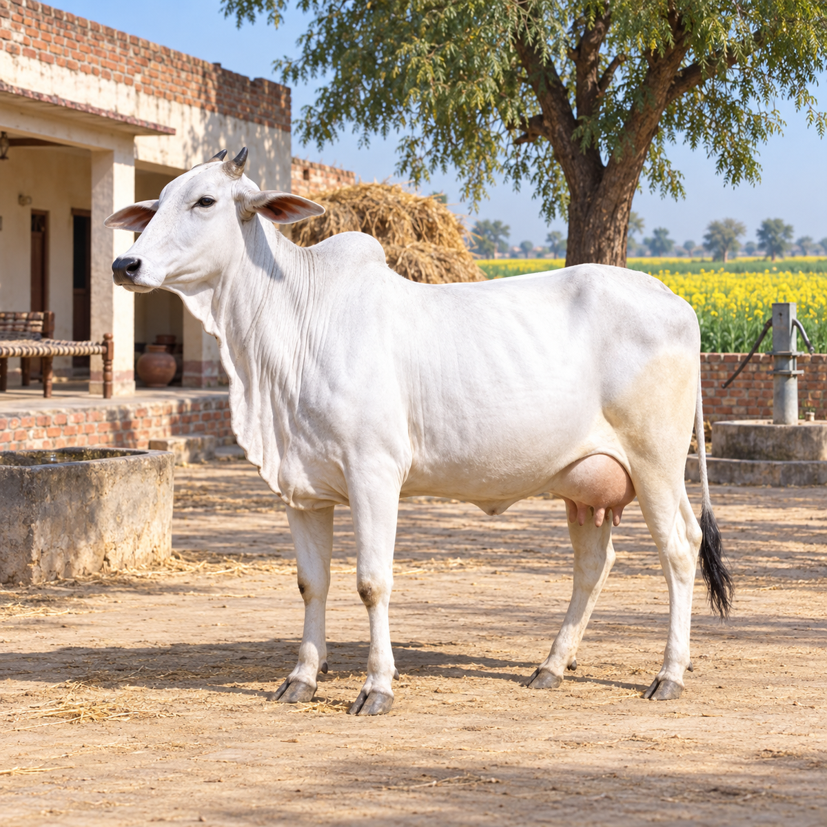 Strong Hariana cow standing in the front yard of a typical village house in Haryana.