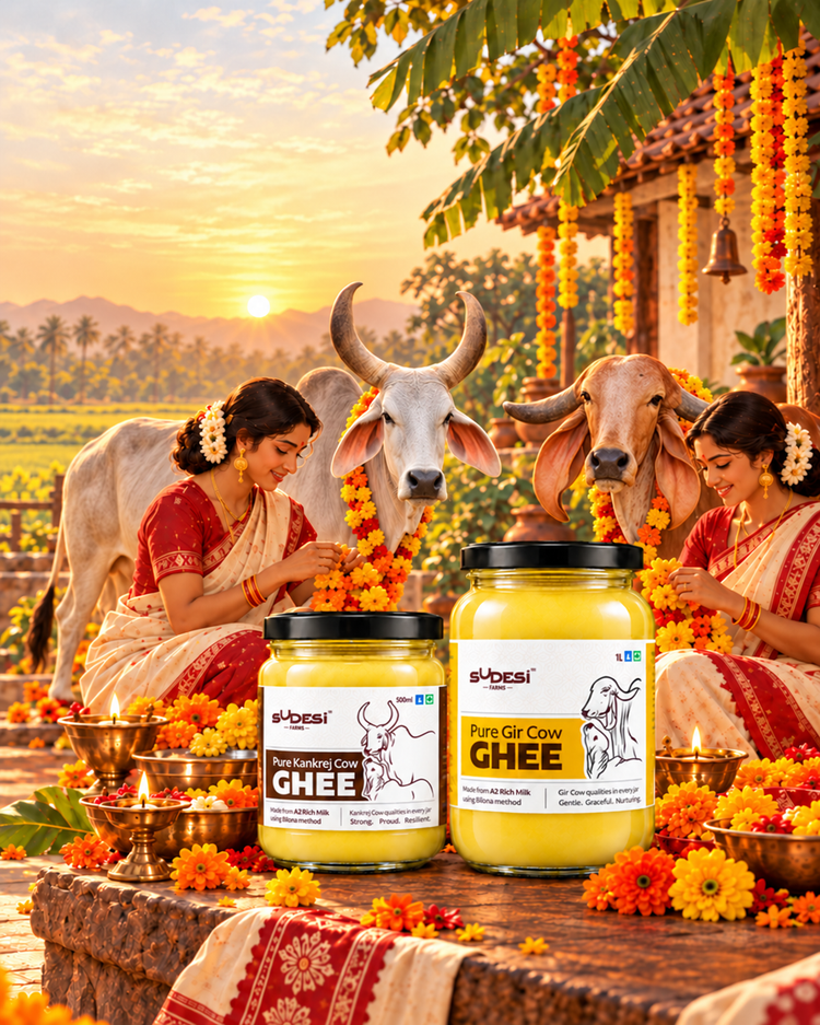 Sudesi Gir Cow Ghee and Kankrej Cow Ghee jars with desi cows, women, marigolds and diyas in a festive rural setting.