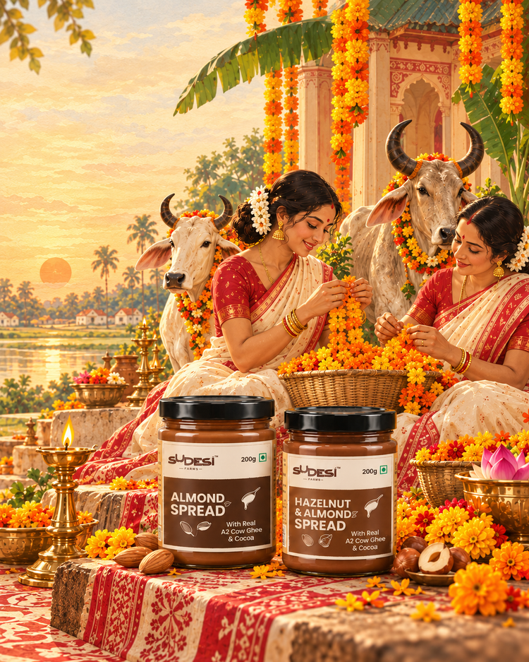 Sudesi Almond Spread and Hazelnut & Almond Spread jars with women, desi cows and festive marigold decorations.