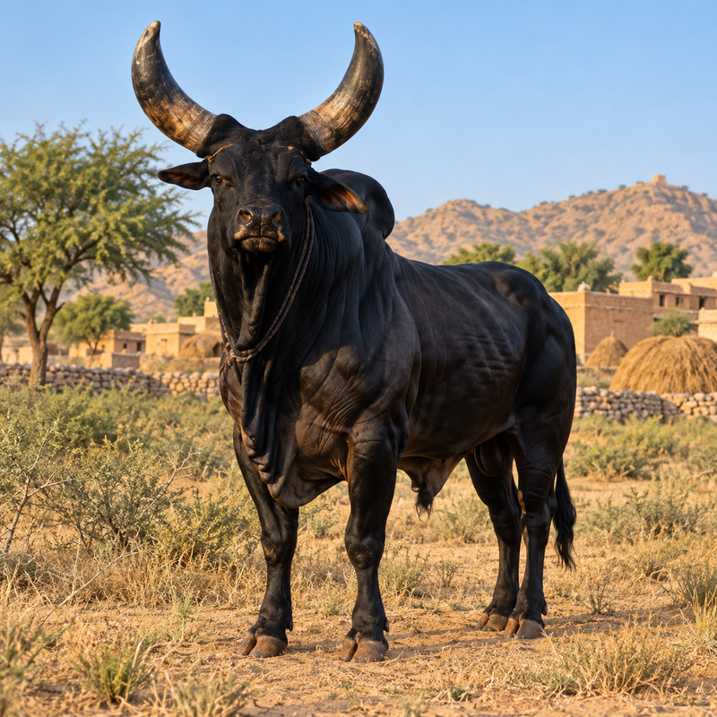Majestic, strong, and tall, Kapila Kankrej Nandi stands in the fields of Rajasthan.