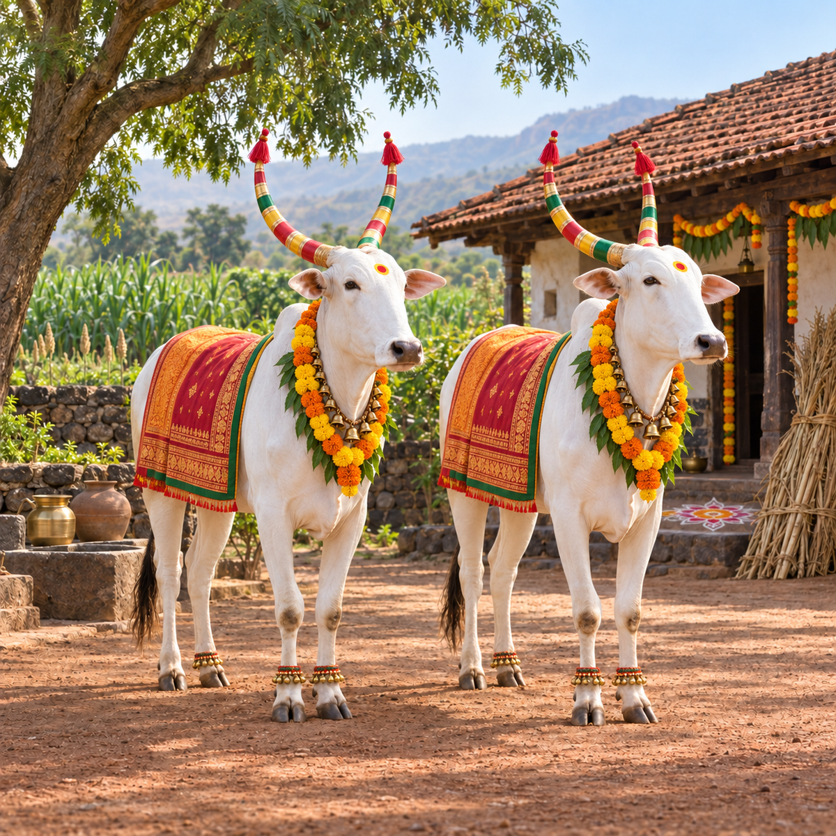 Majestic Khillar cow pair standing in the front yard of a typical village house in Maharashtra. The pair is decorated with garlands and a back cloth cover made from local folk art.