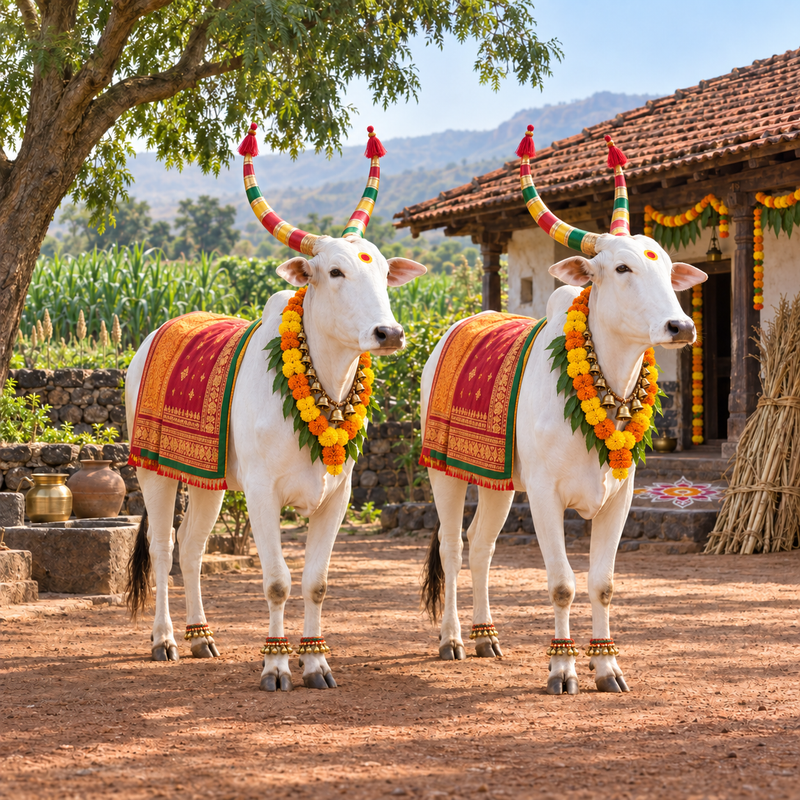Majestic Khillar cow pair standing in the front yard of a typical village house in Maharashtra. The pair is decorated with garlands and a back cloth cover made from local folk art.
