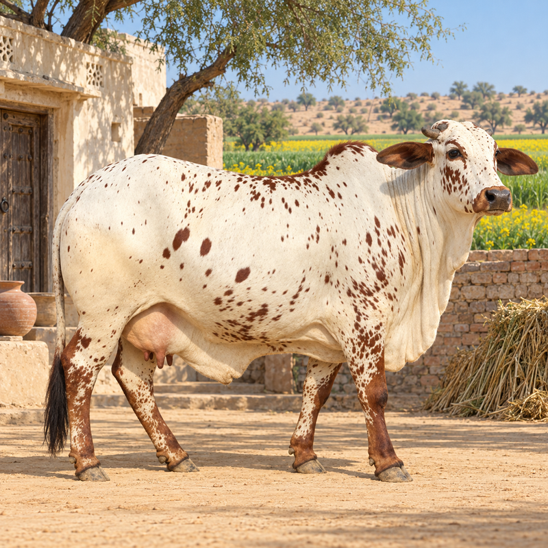 Rathi cow standing in the front yard of a typical village house in Rajasthan.