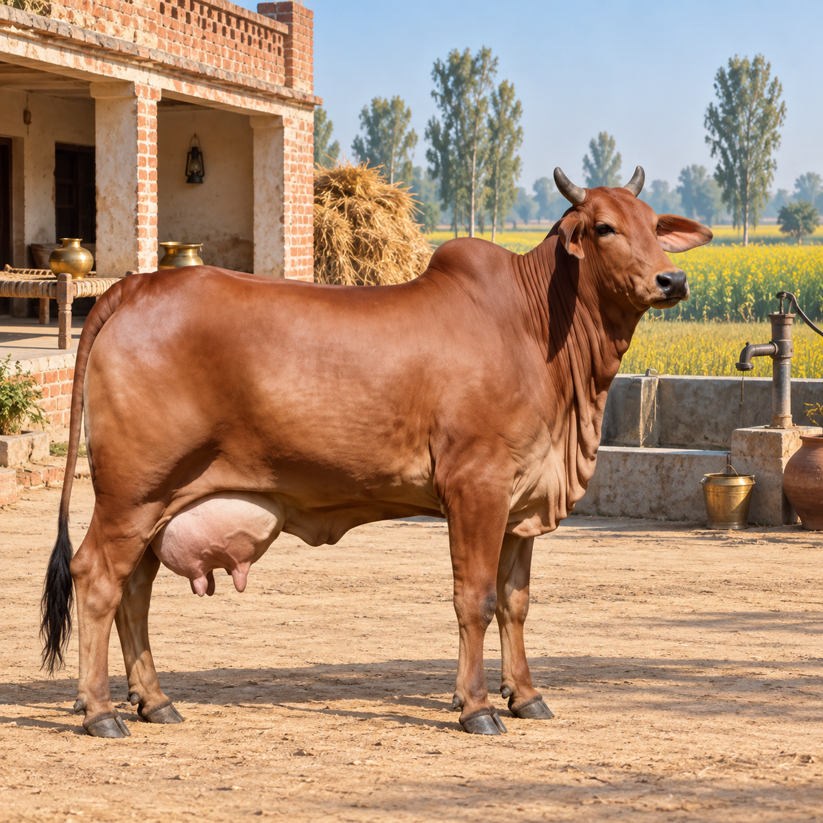 Sahiwal cow standing in the front yard of a typical village house in Punjab.