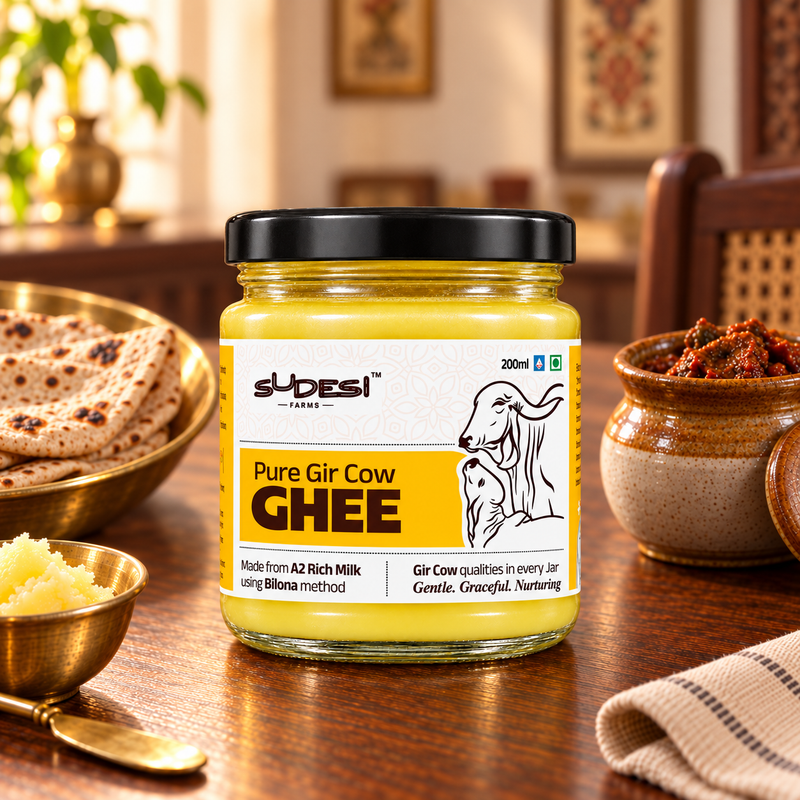A jar of Sudesi Pure Gir Cow Ghee placed on a wooden table in a warm, rustic kitchen setting with flatbread, bowls, and spices in the background.