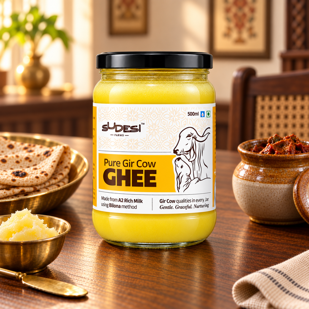 A jar of Sudesi Pure Gir Cow Ghee is displayed on a wooden table surrounded by traditional Indian food props, including flatbread, a small bowl of A2 ghee, and a serving spoon, with a blurred kitchen background.