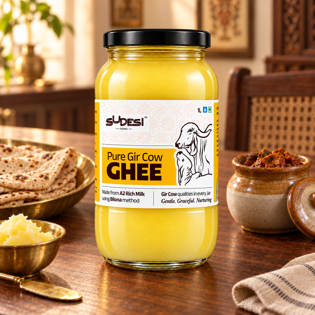 A jar of Sudesi Pure Gir Cow Ghee is displayed on a wooden table in a warm, rustic setting with a plate of flatbread, a small bowl of A2 ghee, and spices in the background.