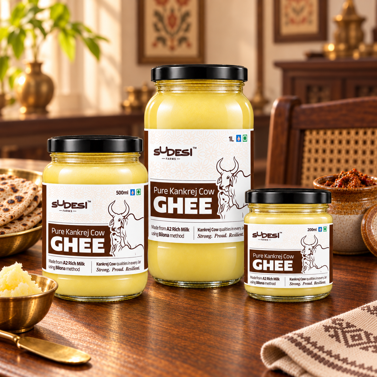 Three glass jars of Sudesi Pure Kankrej Cow A2 Ghee arranged on a wooden table in a warm, rustic indoor setting. The jars of different sizes feature white labels with brown and black text and illustrations of a cow, topped with black lids.