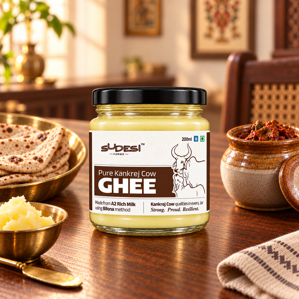 A jar of Sudesi Pure Kankrej Cow Ghee sits on a wooden table surrounded by traditional Indian food props, including flatbread, a small bowl of A2 ghee, and a ceramic pot, in a warm, beautifully lit indoor setting.