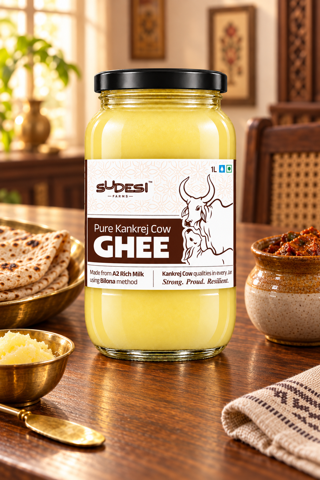 A glass jar of Sudesi Pure Kankrej Cow Ghee on a wooden table, surrounded by traditional Indian food props like flatbread, a small bowl of A2 ghee, and a ceramic dish in a warm, rustic kitchen setting.