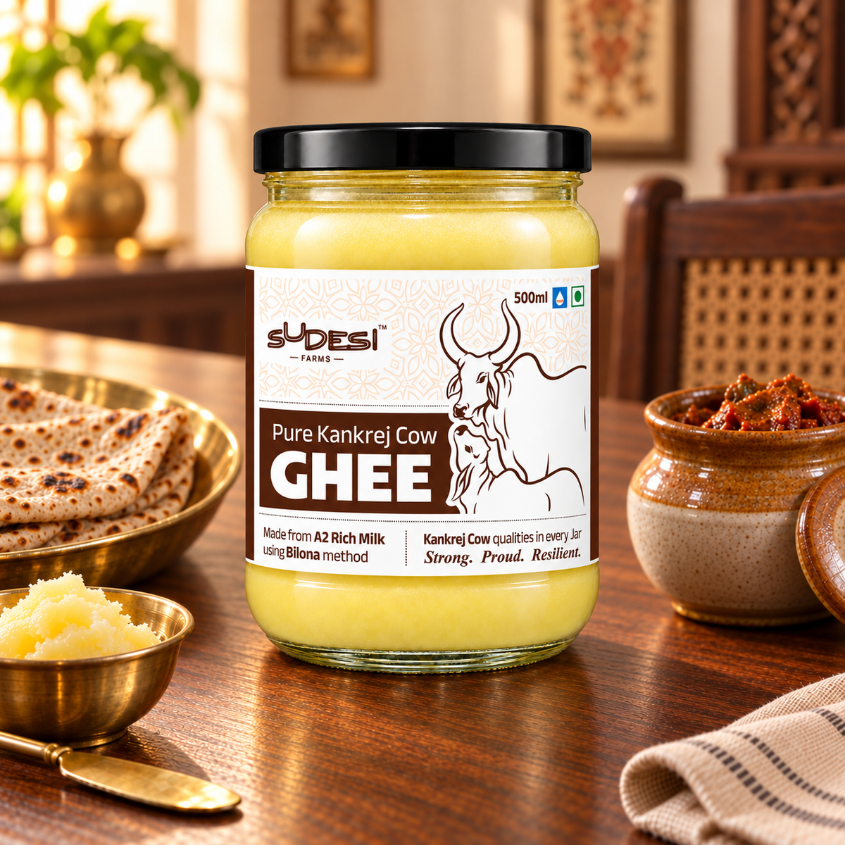 A jar of Sudesi Pure Kankrej Cow Ghee is displayed on a wooden table in a warm, rustic dining setting, surrounded by flatbread, a small bowl of A2 ghee, and a clay pot.