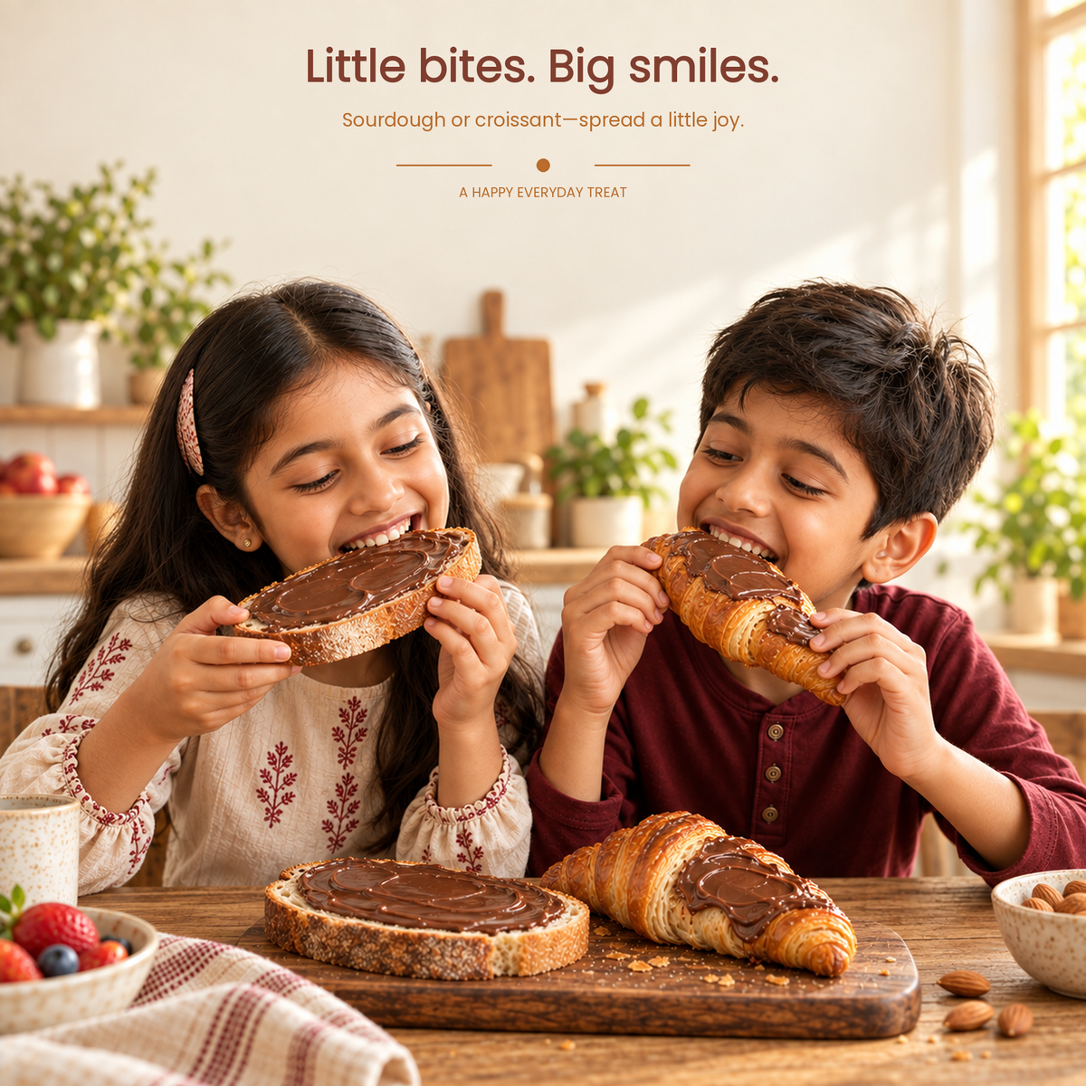 Two children happily eating Sudesi almond chocolate spread on a croissant and a slice of bread at a wooden table, with the text 'Little bites. Big smiles.