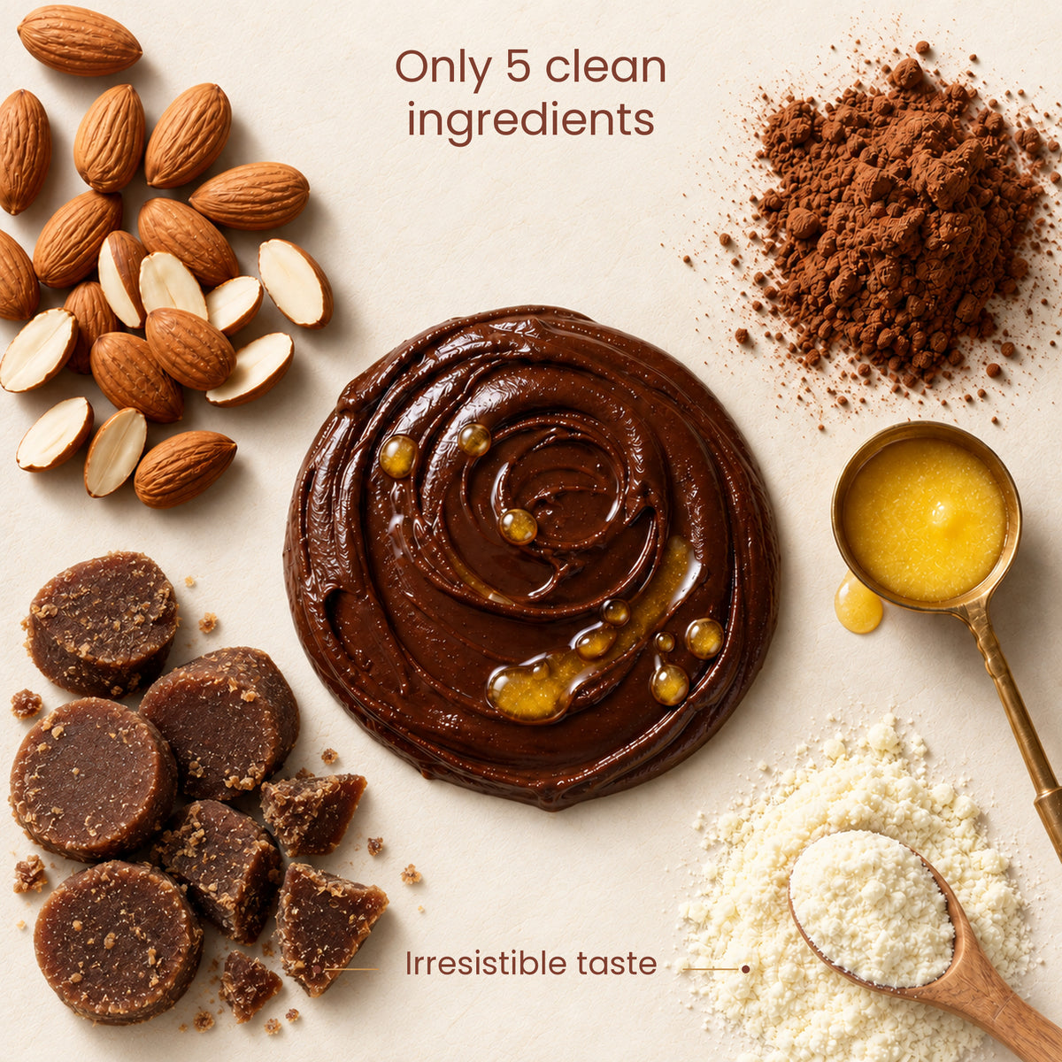 A styled flat-lay of a glossy swirl of Sudesi Almond chocolate spread or frosting in the center, surrounded by almonds, cocoa powder, coconut jaggery, a gold spoon with melted A2 cow ghee, and a spoonful of A2 milk powder, with text reading 'Only 5 clean ingredients' and 'Irresistible taste'.