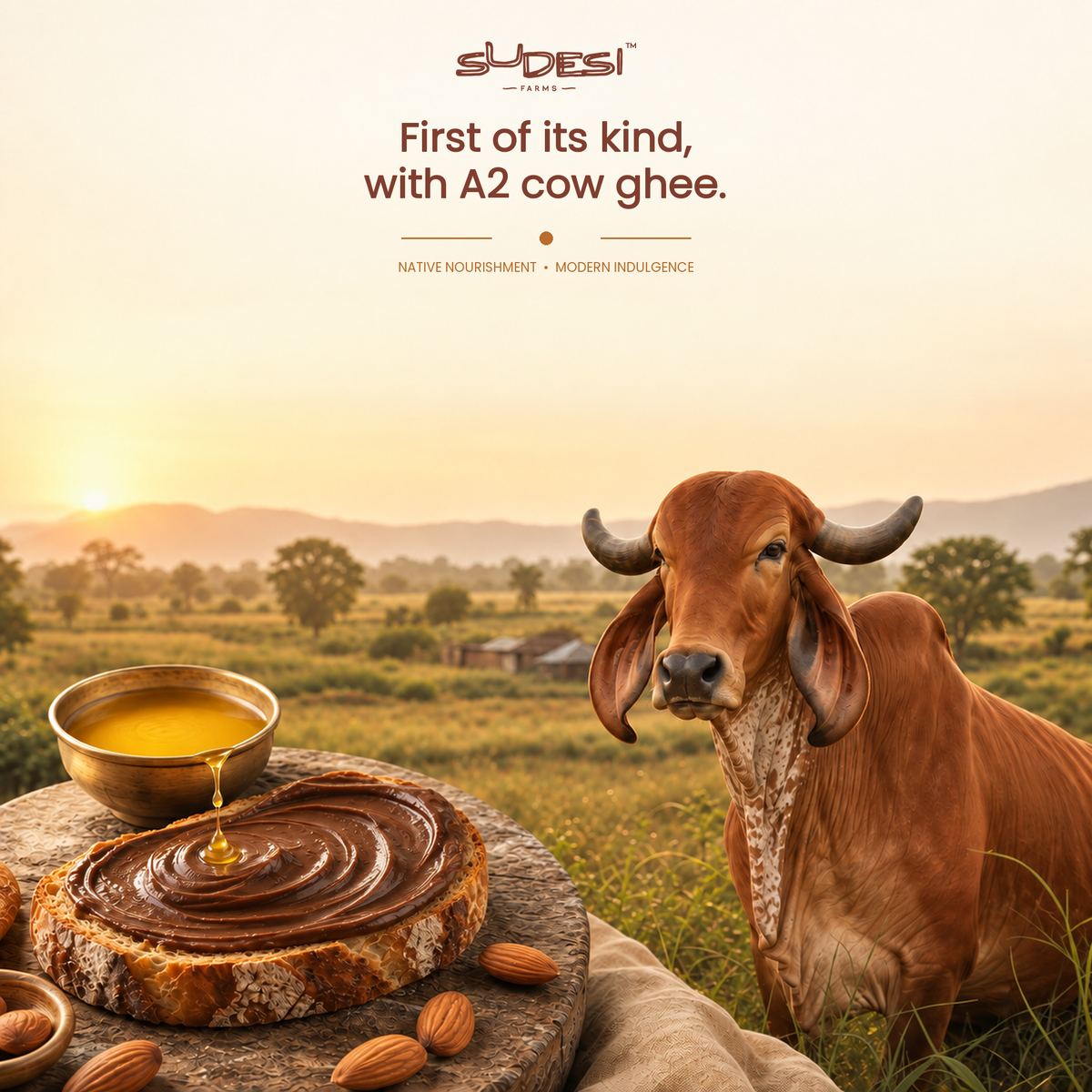 A2 cow ghee product advertisement featuring a brown Gir cow (Zebu cattle) in a rural landscape at sunrise, alongside a bowl of golden ghee and a slice of bread with ghee spread on top. The brand name 'SUDESI' is visible at the top with marketing text "First of its kind with A2 cow ghee"