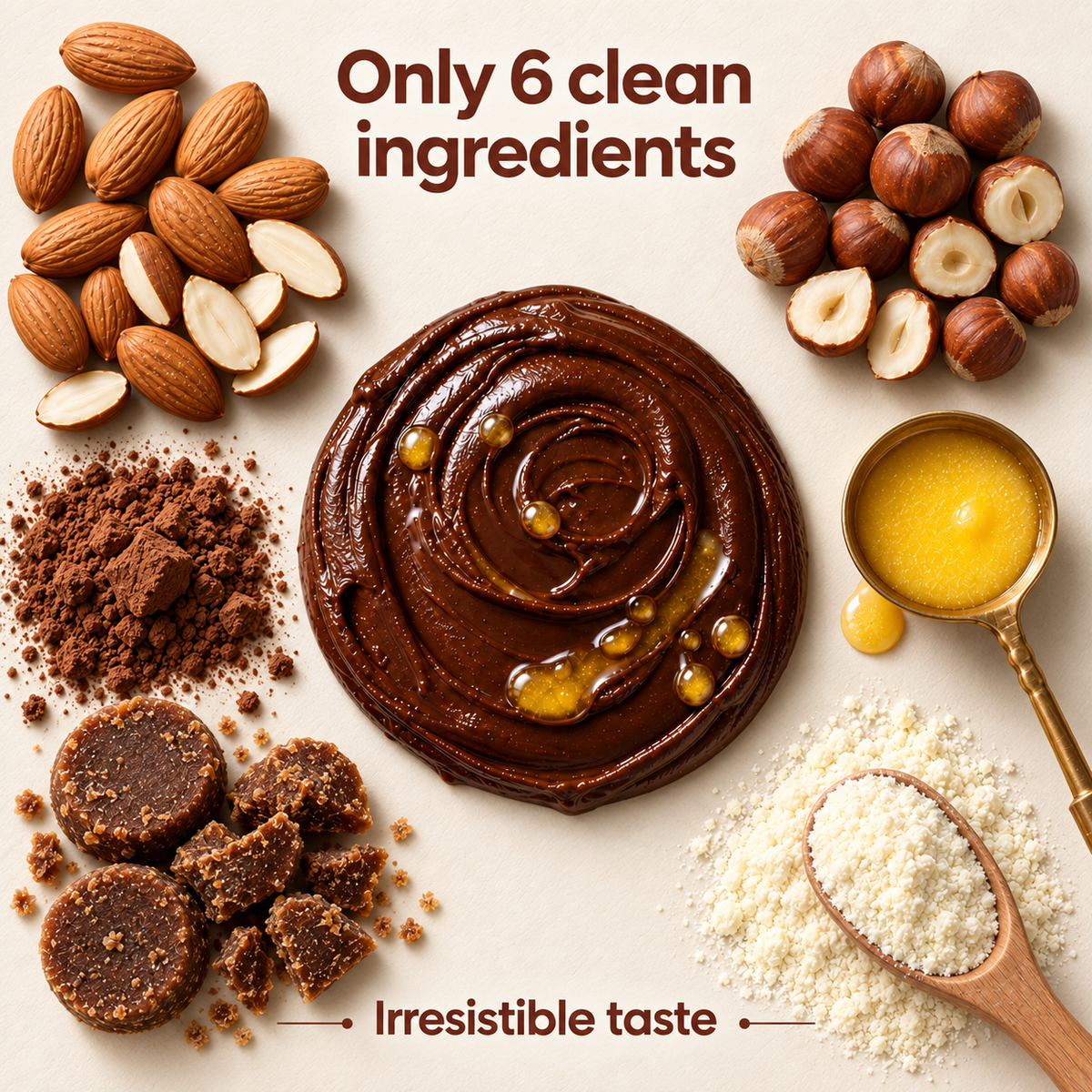 A round Sudesi Hazelnut Almond chocolate spread in the center with a swirl pattern and small drizzles of A2 cow ghee, surrounded by almonds, hazelnuts, cocoa powder, coconut jaggery, a gold spoon of melted A2 cow ghee, and a wooden spoon of A2 cow milk powder on a light beige background. Text reads 'Only 6 clean ingredients' and 'Irresistible taste'.