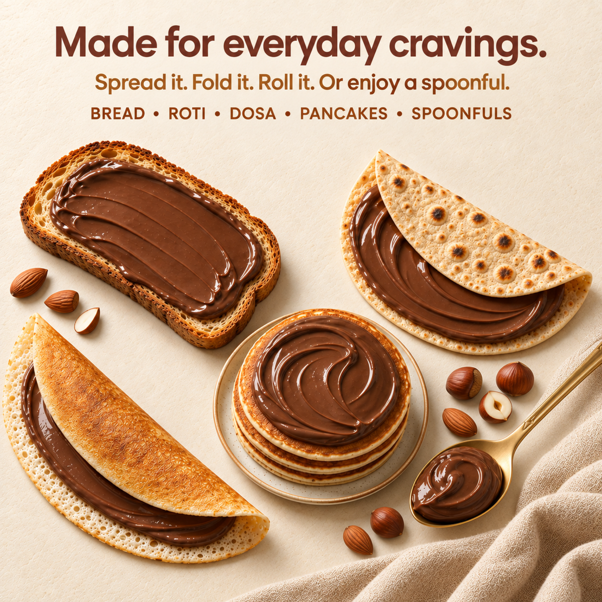 Sudesi hazelnut chocolate spread shown on bread toast, roti, dosa, folded crepes, and a stack of pancakes on a beige fabric background, with the text 'Made for everyday cravings. Spread it.