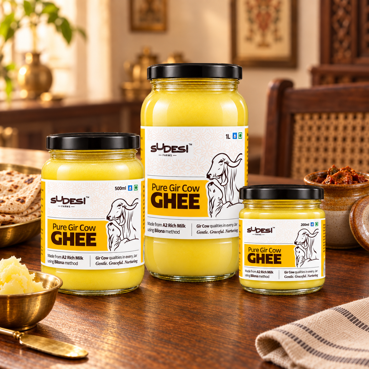 Three glass jars of Sudesi Pure Gir Cow Ghee in different sizes, arranged on a wooden table with a warm, rustic kitchen background.