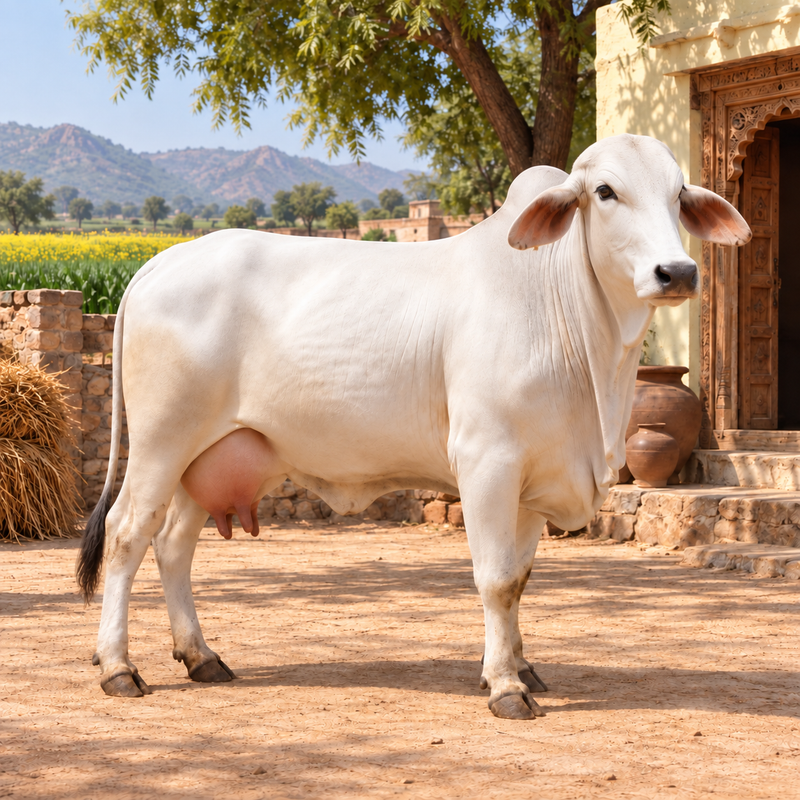Tharparkar cow standing in the front yard of a typical village house in Rajasthan.